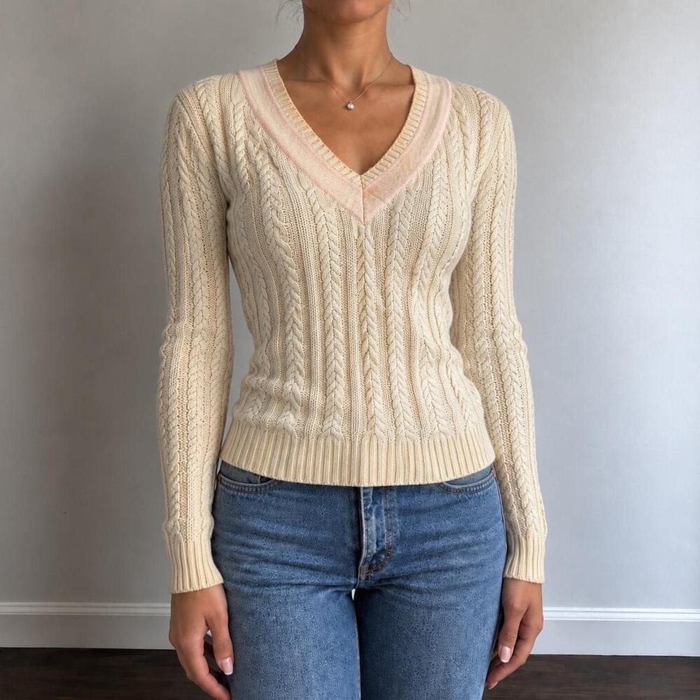 Vintage Ralph Lauren 100% Silk Luxury Cable Knit V-Neck Sweater Sz Petite Small